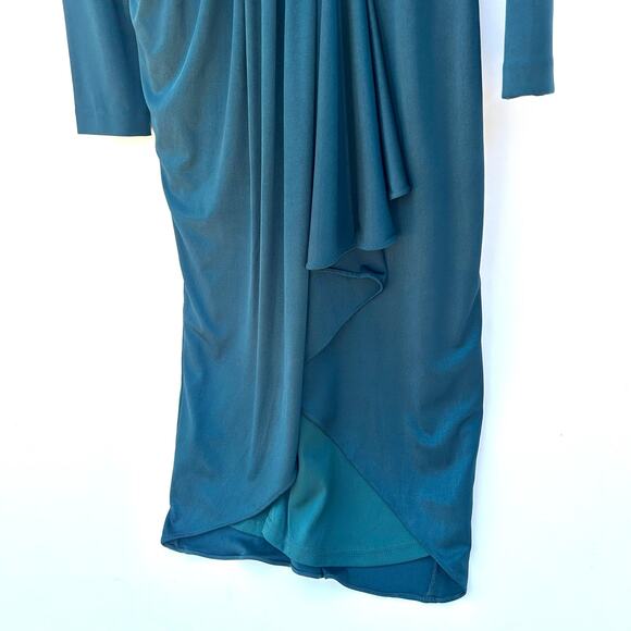 Badgley Mischka Slinky Satin Draped Midi Wrap Cocktail Dress Emerald Green 8 - Picture 8 of 12